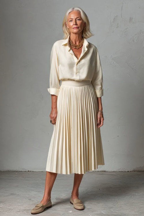 ivory shirt with ivory pleated midi skirt for women over 50