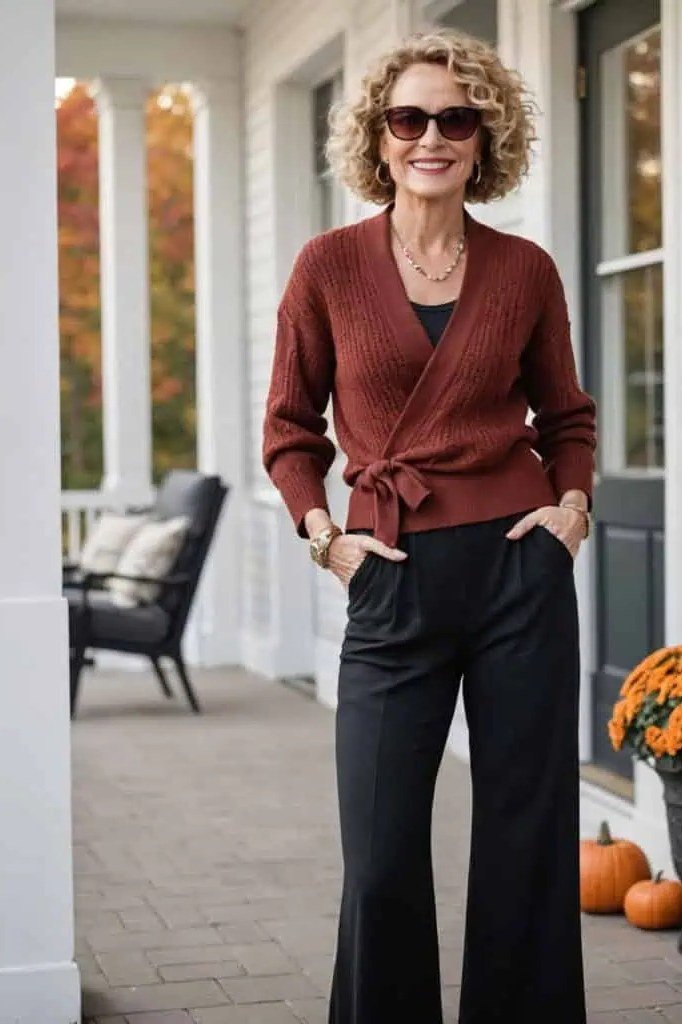 Burgundy wrap cardigan with black wide-leg trousers on a fall porch with pumpkins