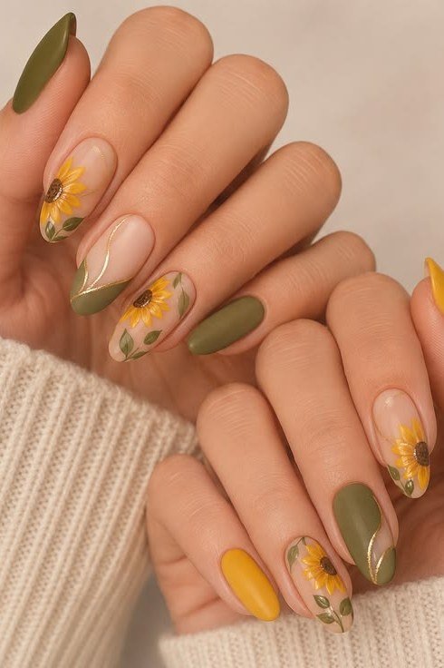 Mustard yellow and olive green with sunflower art accents, almond shape, medium length, glossy, cream sweater cuff, fall nail color for women over 40