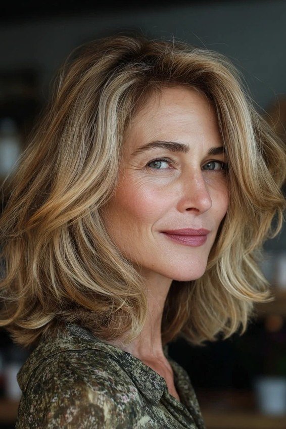 Polished blonde wavy lob with curtain bangs and face-framing layers for women over 40