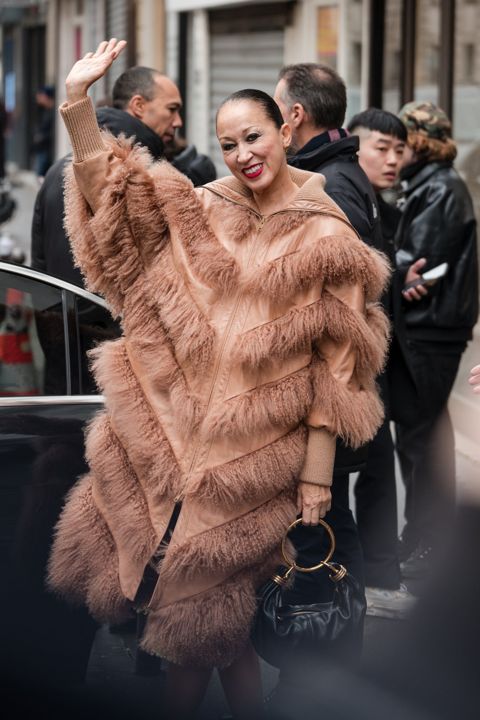 Pink fur coat for glamorous women over 70
