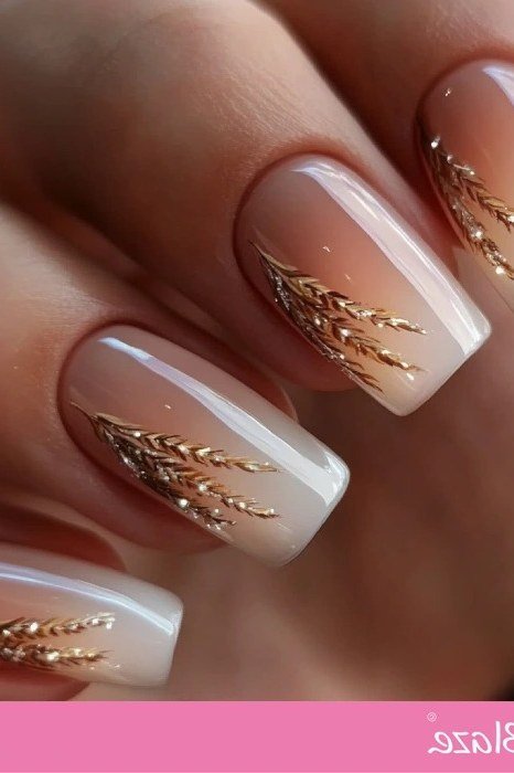 Nude ombre gel nails with fine gold wheat nail art, delicate fall design