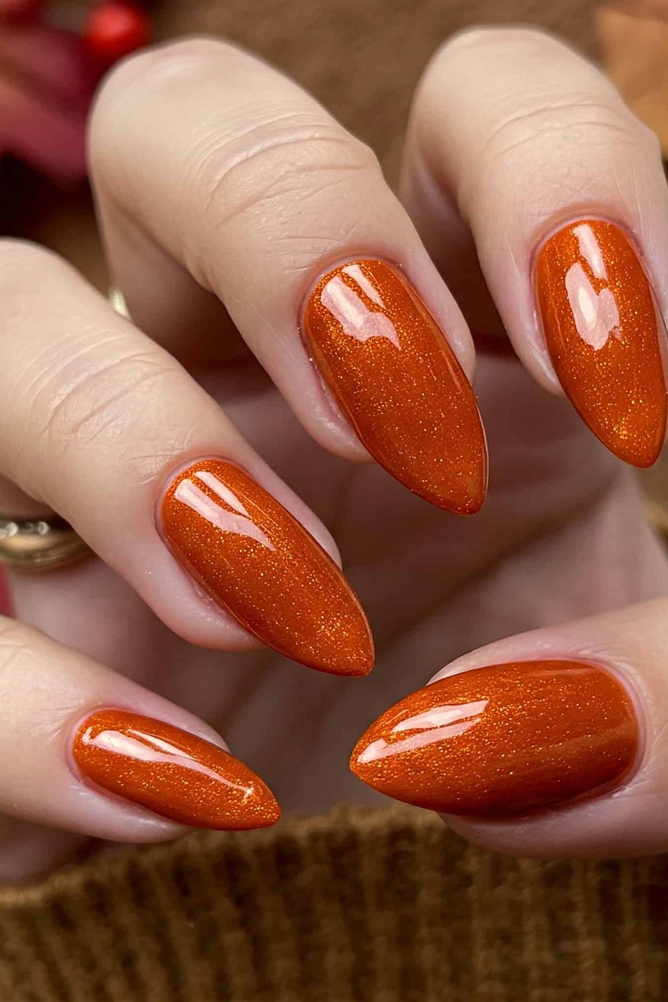 Burnt orange glitter almond, elegant fall nail design for women over 40