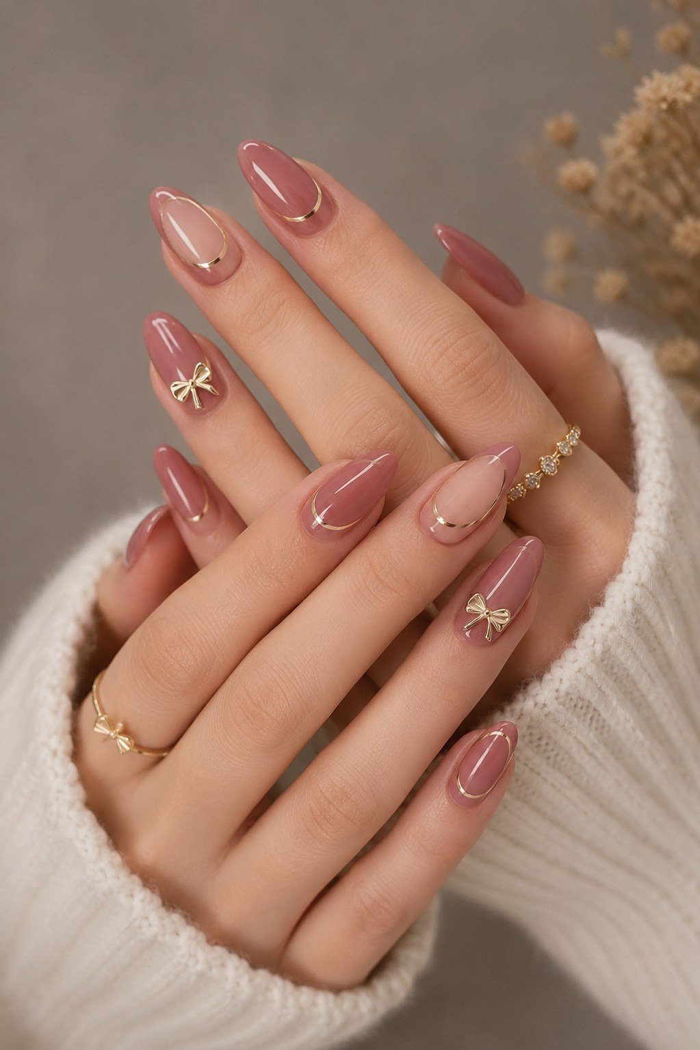 Mauve Almond Nails with Tiny Gold Stars, elegant mauve nail idea for women over 60