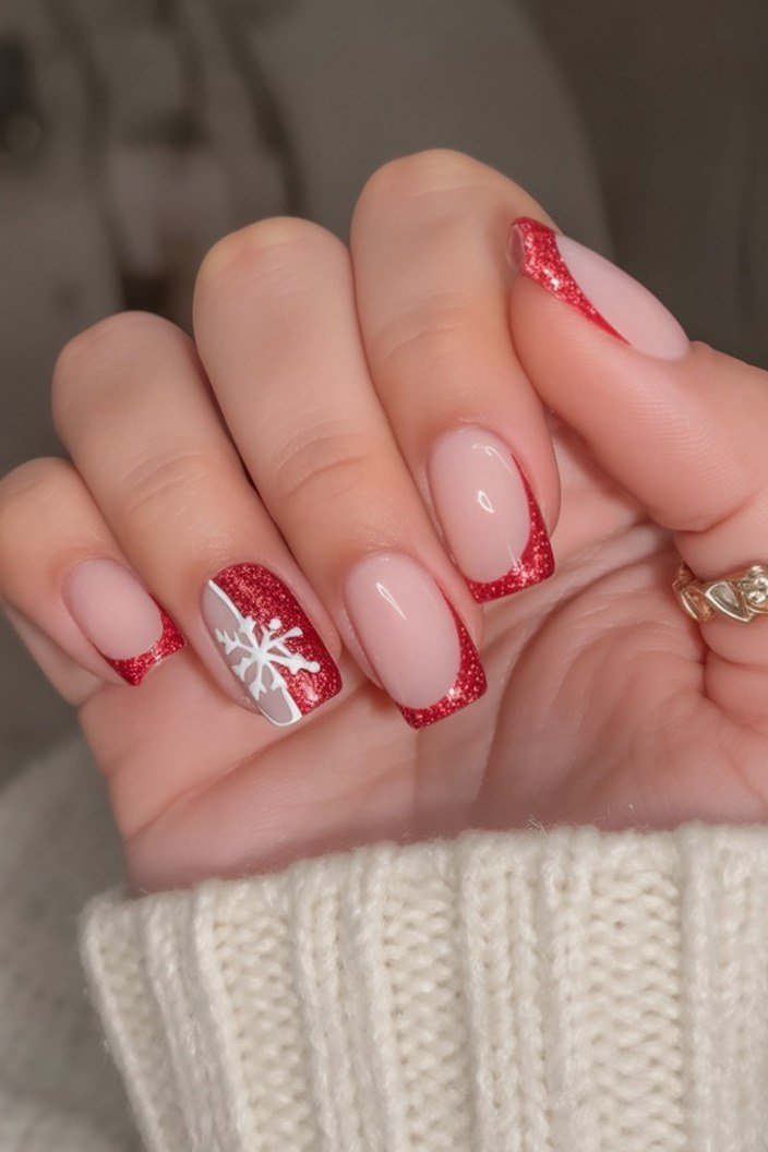 nude nails with red tips and snowflake accents