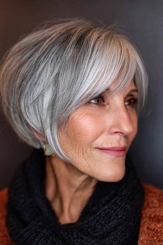 Airy white gray shaggy bob for women over 60, front view