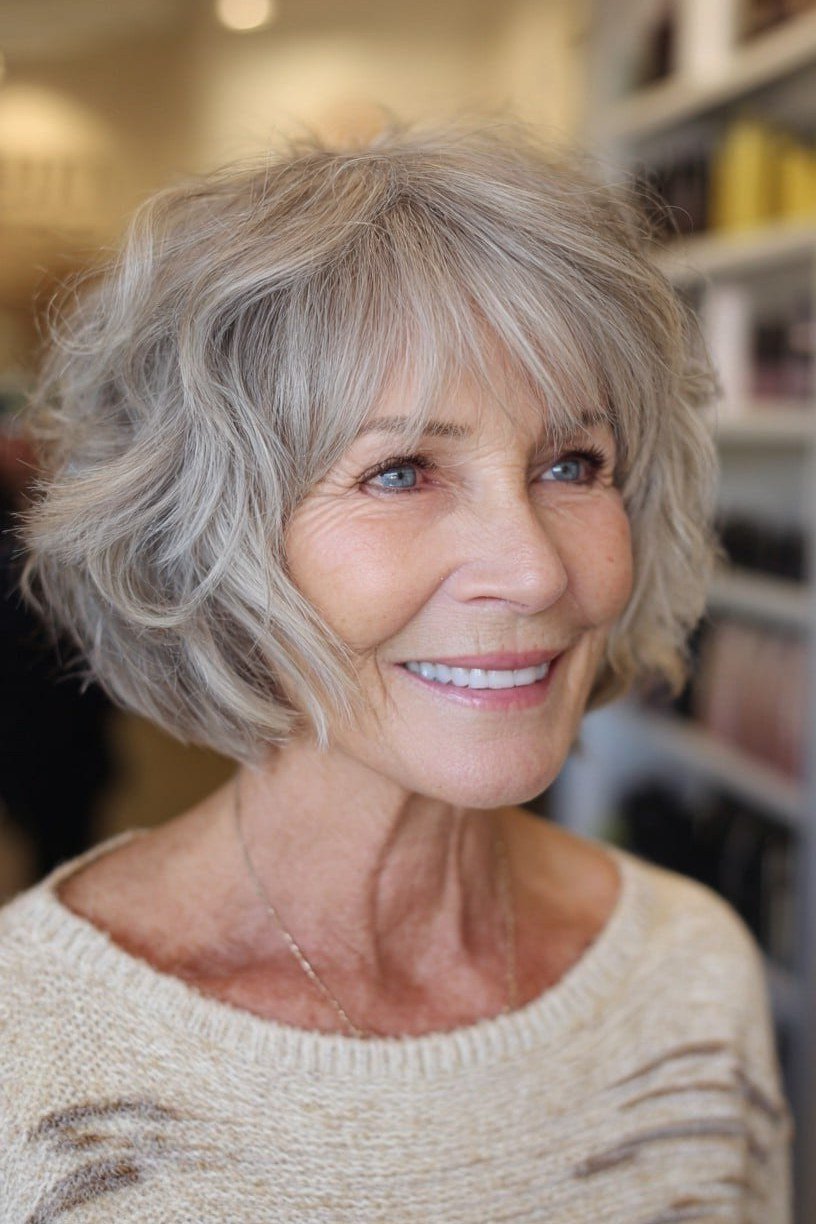 Grey Wavy Shag with Bangs - shaggy bob haircut for women over 60