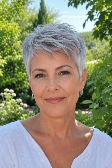 fresh silver pixie cut in garden, front view