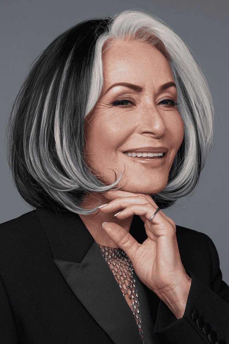 Two-tone dark-and-silver bob, front view, woman in her 60s