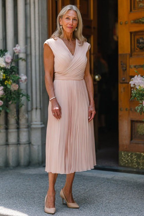 Blush Pleated Midi Dress for Church - flattering outfit idea for women over 50, how to dress better over 50