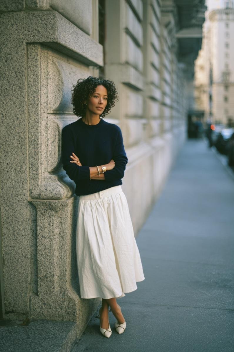 Navy crewneck sweater with white pleated midi skirt for women over 50