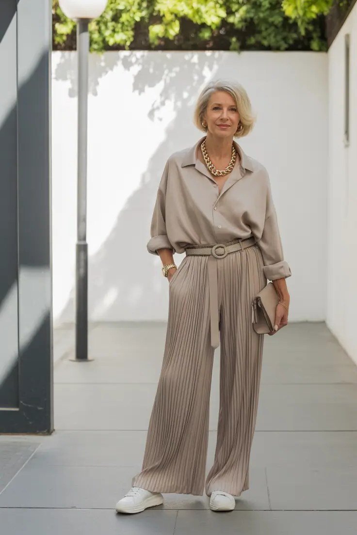 Champagne Pleated Wide-Leg Trouser Set With a Matching Top, smart casual outfit for women over 50