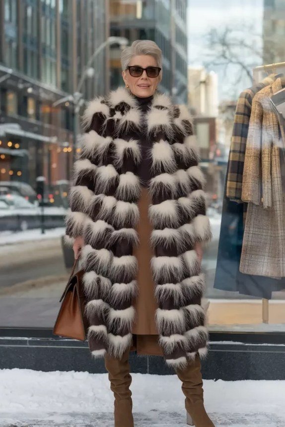 tiered striped faux fur coat church outfit for women over 60