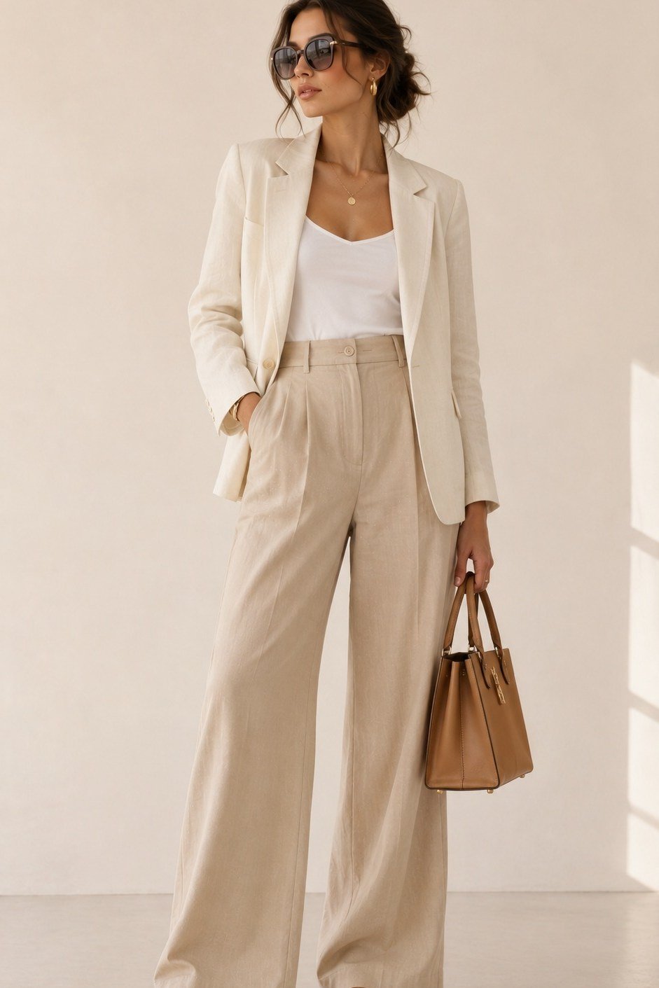 Cream blazer with white top and wide-leg pants, studio for women over 60