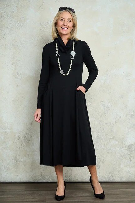 Black long-sleeve midi dress with pearls for women over 50