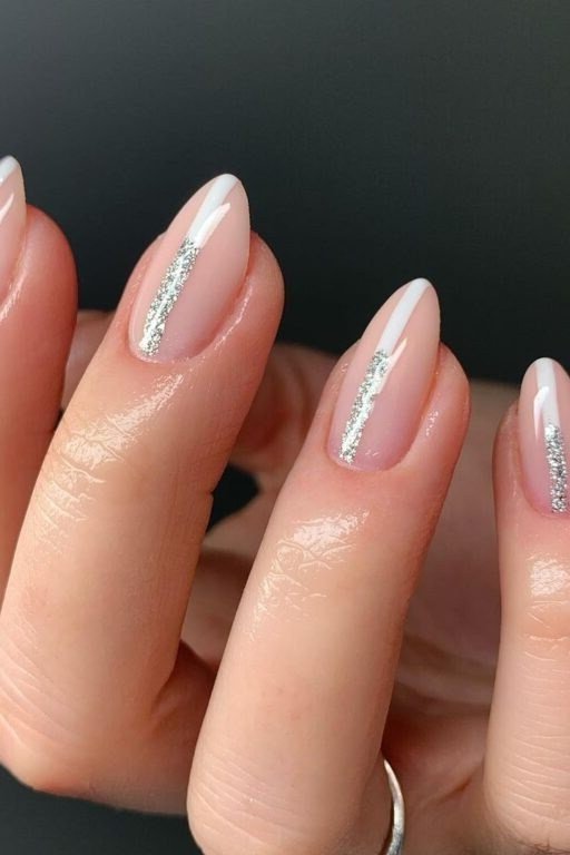 Nude Silver Glitter Stripe Almond Nails - nude silver glitter stripe almond, glitter winter nail design for women over 60