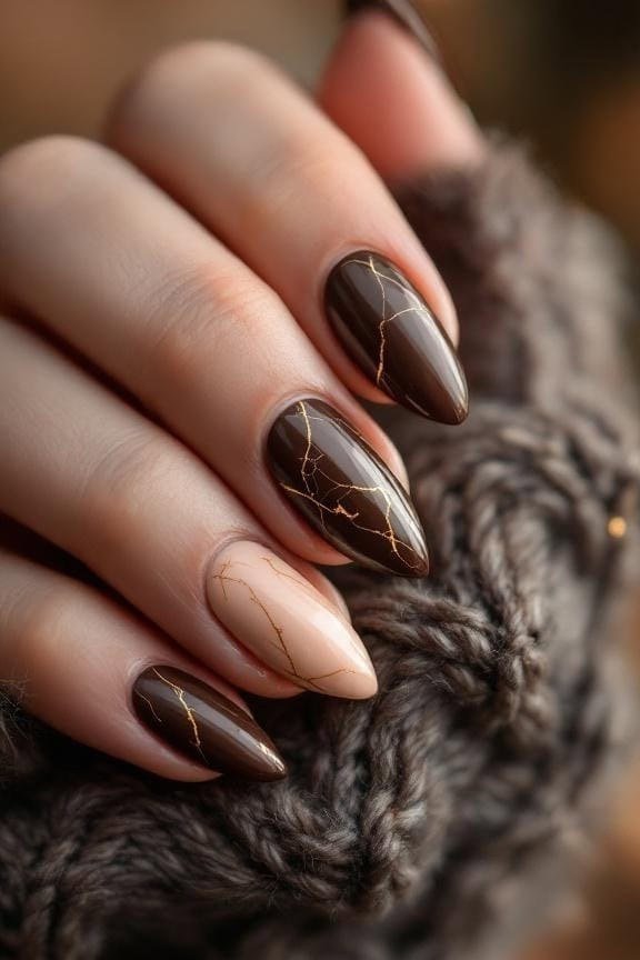 Espresso and Marble Almond Nails, chocolate brown fall nail design for women over 60