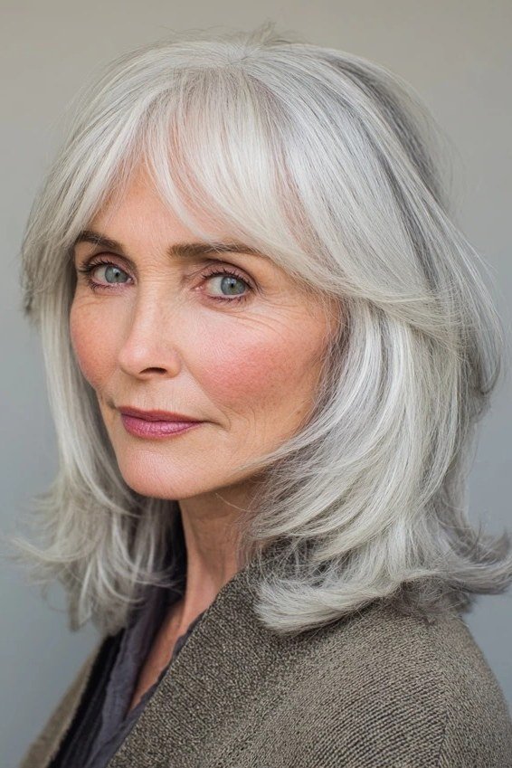 long wavy silver layered hair for older women, front view