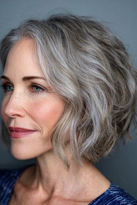 Wavy gray shoulder-length layered cut, timeless hairstyle for women over 70