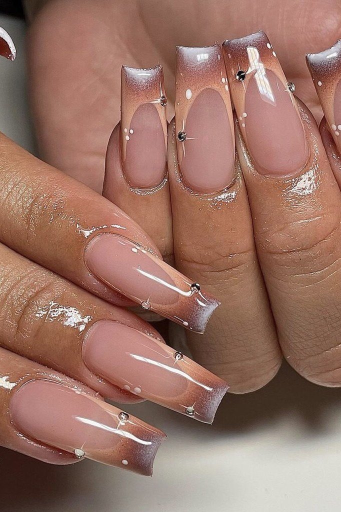 Clear Almond Nails with Brown French and Rhinestones - brown nail idea for women over 50