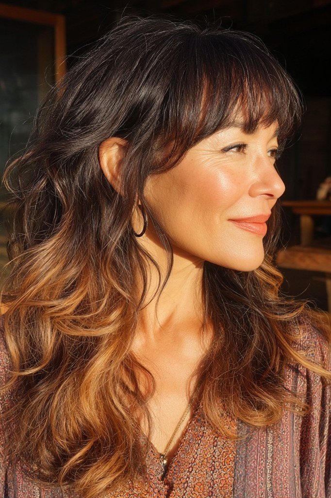 Voluminous Copper Auburn Shag with Bangs - medium shag haircut for women over 40