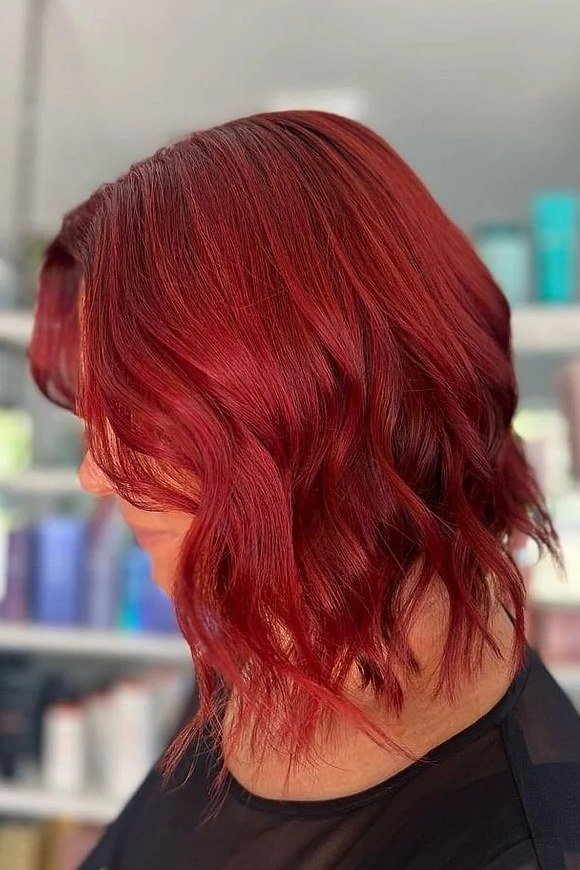 Red Wavy Layered Lob - layered lob hairstyle for women over 60