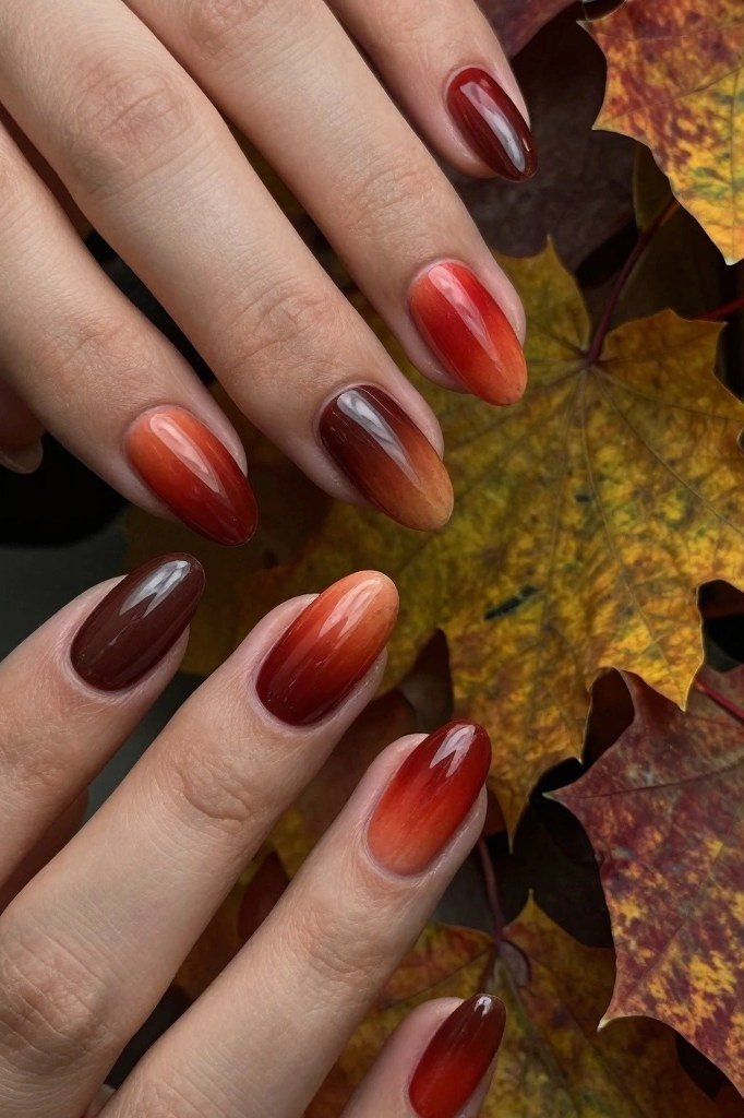 57. Deep Red to Amber Ombre Nails - Thanksgiving nail art idea for women over 50