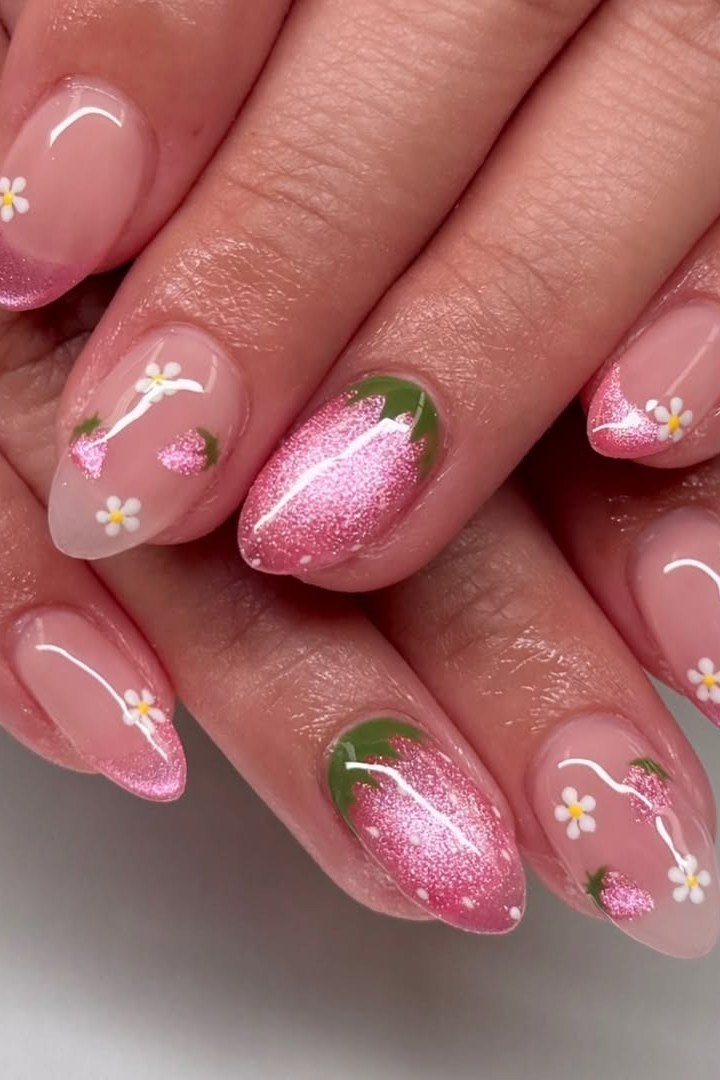 Sheer pink oval nails with strawberry tips and daisy art