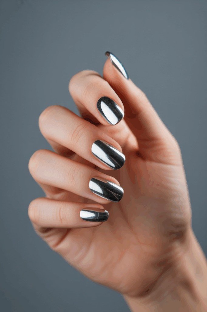 Silver Chrome Short - short nail design for women over 60 that makes nails look longer