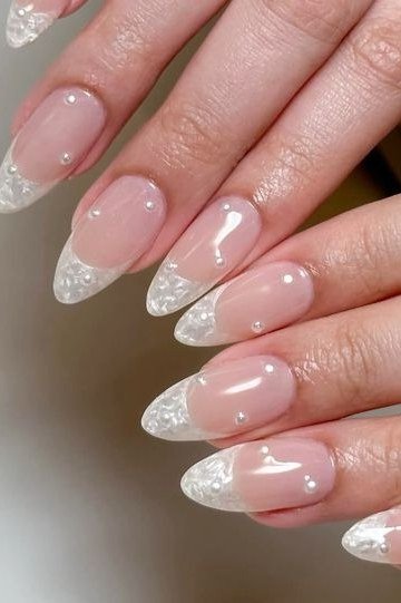 Pink Nails with White Glitter French Tips - pearl finish nail idea for women over 60