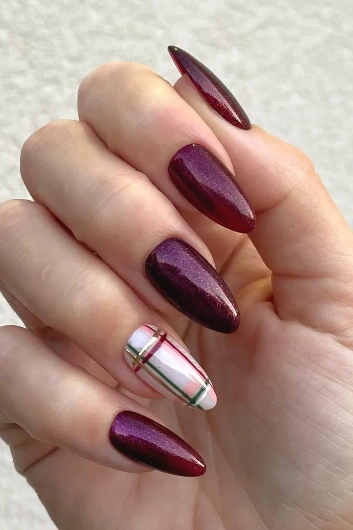 Burgundy with white plaid almond, burgundy fall nail idea for women over 60