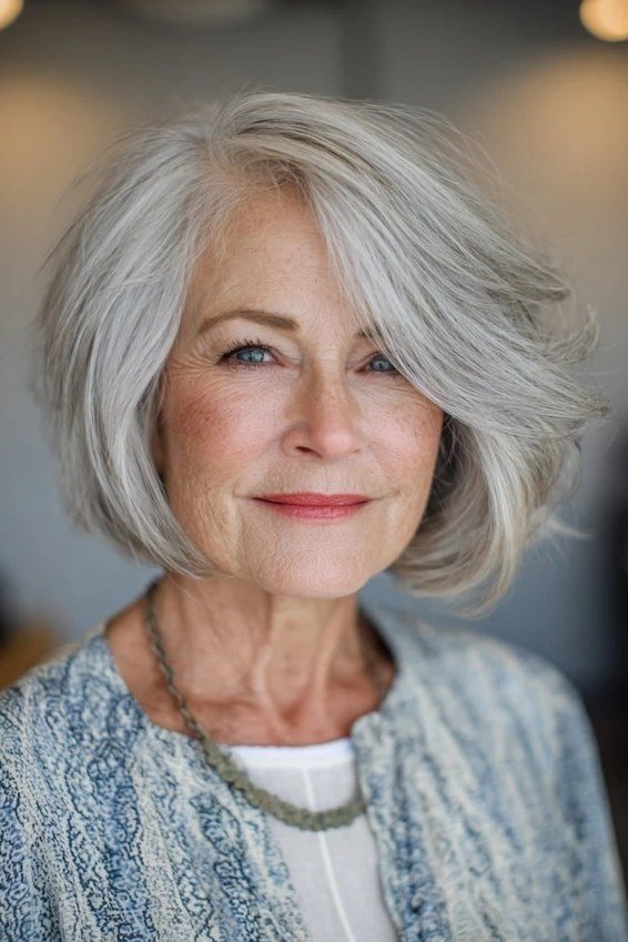 Silver Voluminous Side-Fringe Bob - medium hairstyle for women over 60