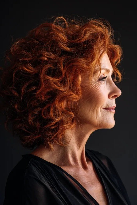 Copper curly lob, side profile, mature woman