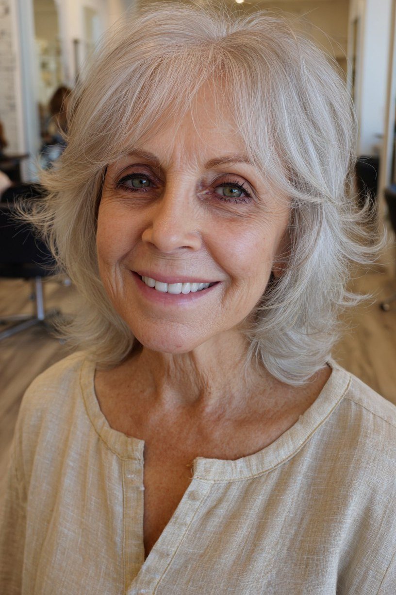 Silver Medium Layers hairstyle for women over 60