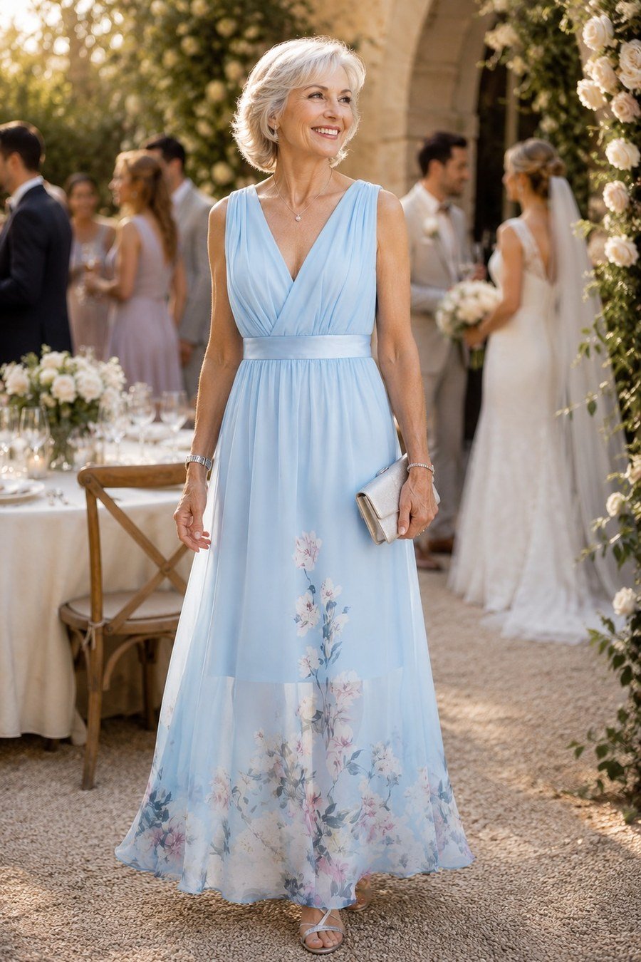 Light blue chiffon cap-sleeve gown, wedding - wedding guest outfit for women over 50