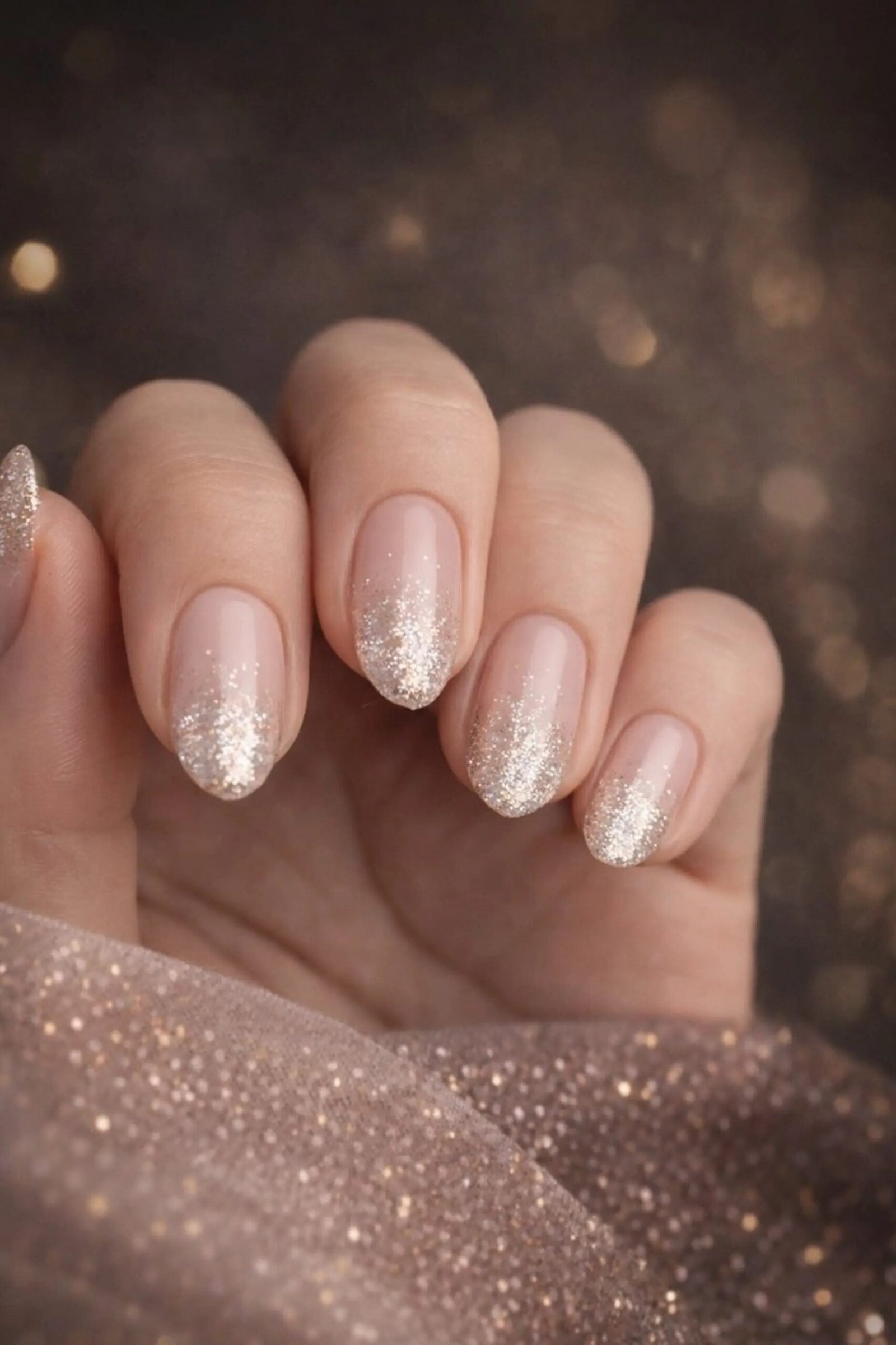 White Gold Glitter Ombre Nails, understated glam nail color for women over 60