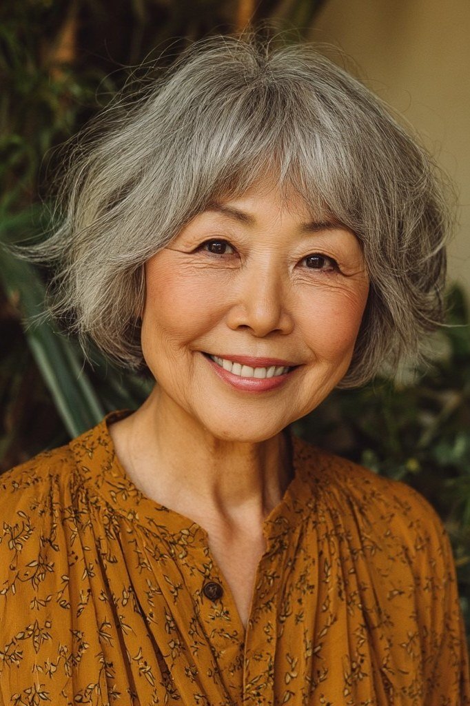 Gray Bob with Bangs - trendy layered bob hairstyle for women over 50