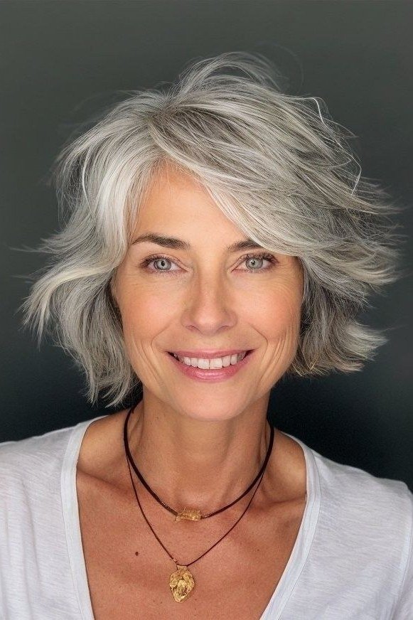 Smiling Blonde Bob with Bangs - short wavy bob hairstyle for women over 60