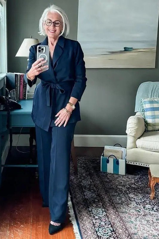 Navy pantsuit for work-from-home days that still need structure for women over 50 at work