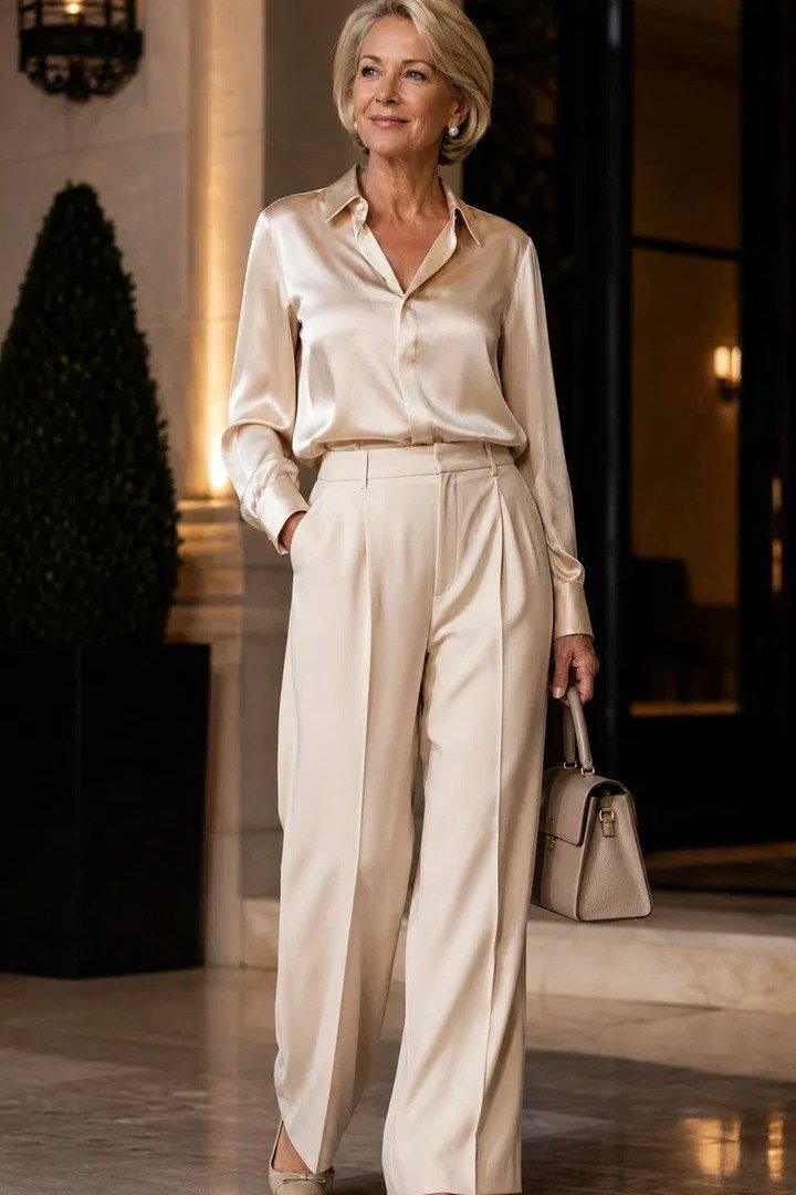 Gray-haired woman in champagne satin shirt with matching wide-leg trousers in hotel