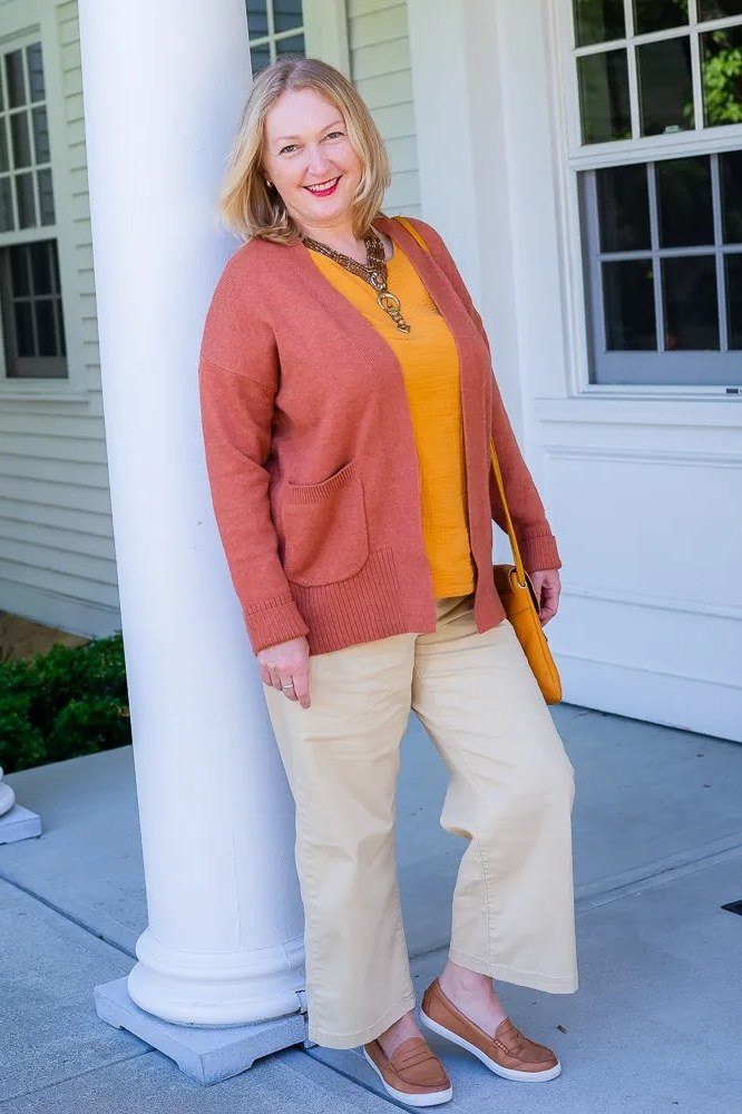 Terracotta Cardigan with Cream Wide Pants - fall outfit for women over 40