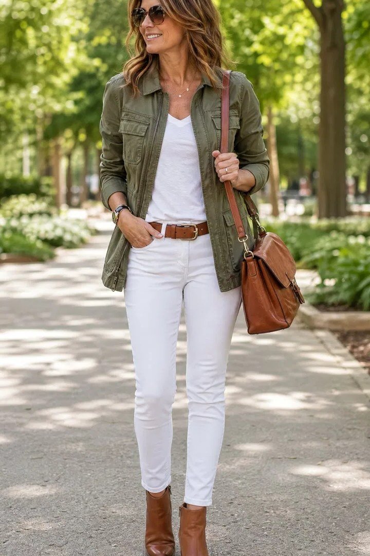 Work outfit for women over 40: olive utility jacket with white jeans