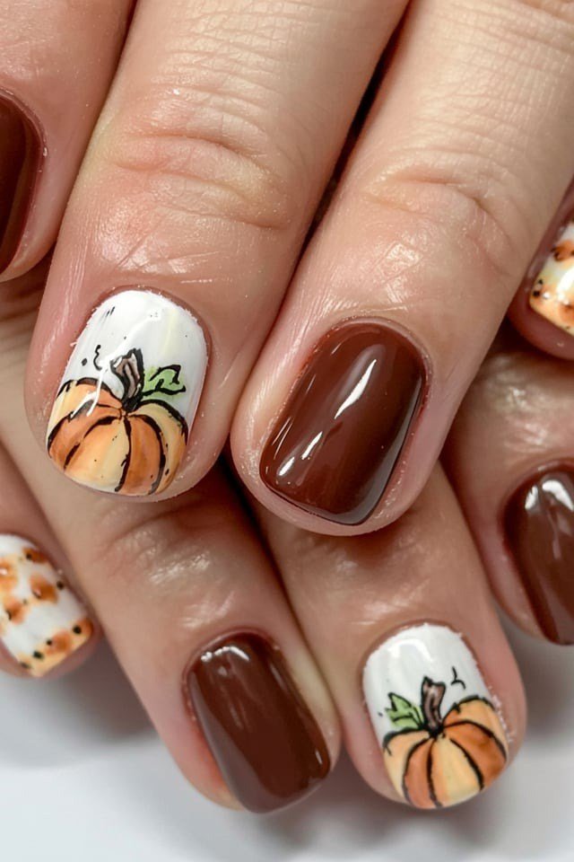 Chocolate brown short nails with cute orange pumpkin nail art, glossy fall seasonal.