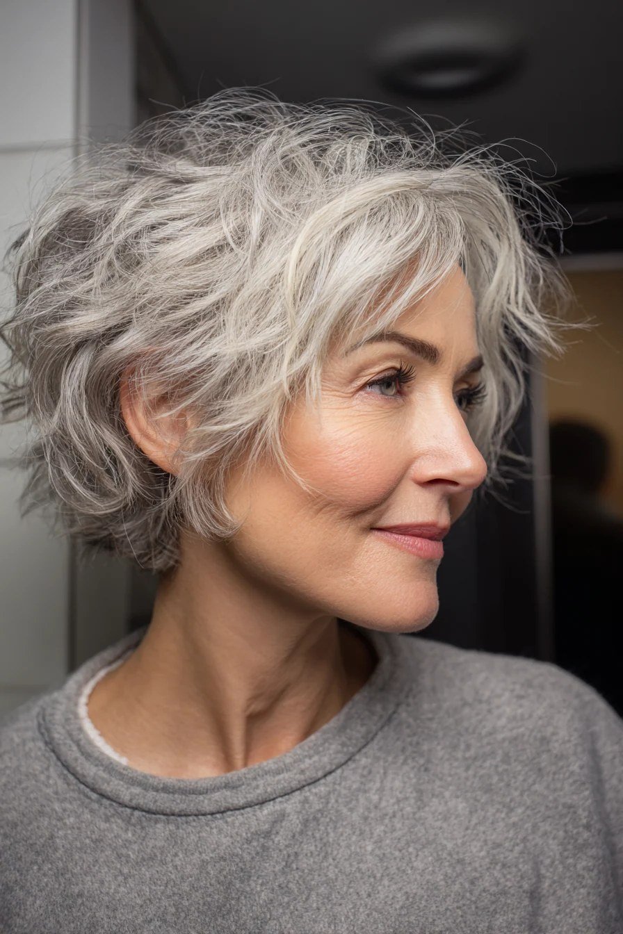 Copper curly pixie haircut for older women