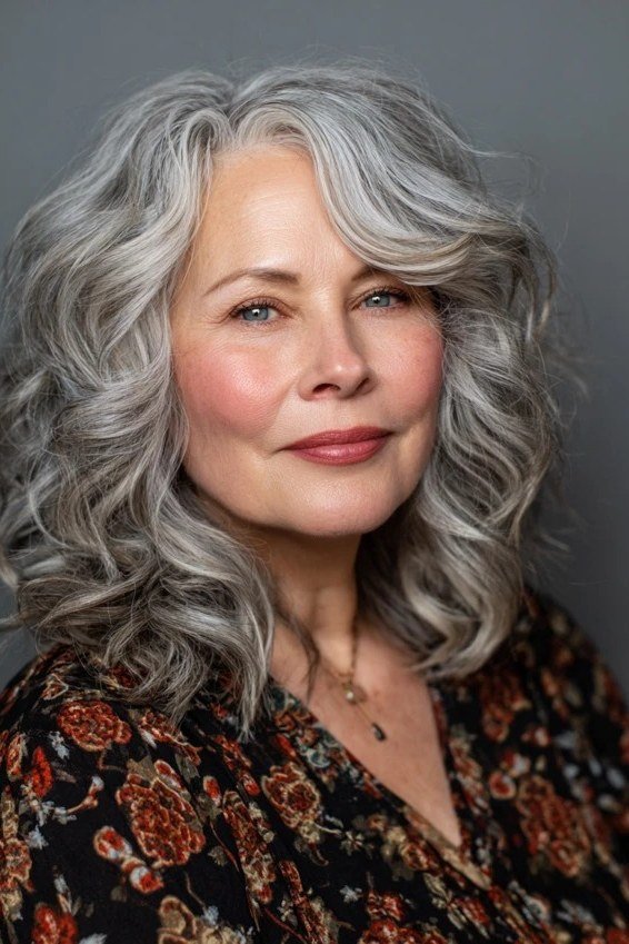 Gray curly lob haircut for women over 50