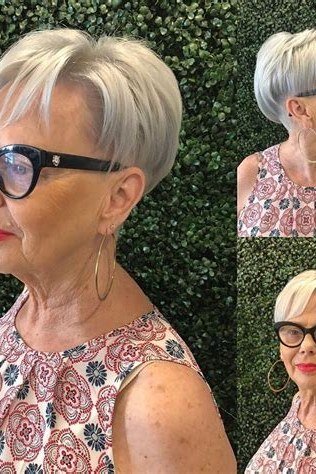 Silver pixie in four-panel collage, with and without glasses, micro pixie cut for women over 60 going silver