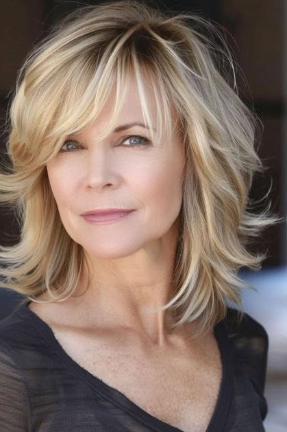 Bright dimensional blonde layered medium-length hairstyle with bangs, front view, for women over 50
