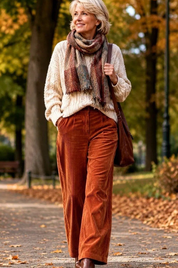 Rust Corduroy Pants with a Chunky Scarf, classy outfit for women over 60