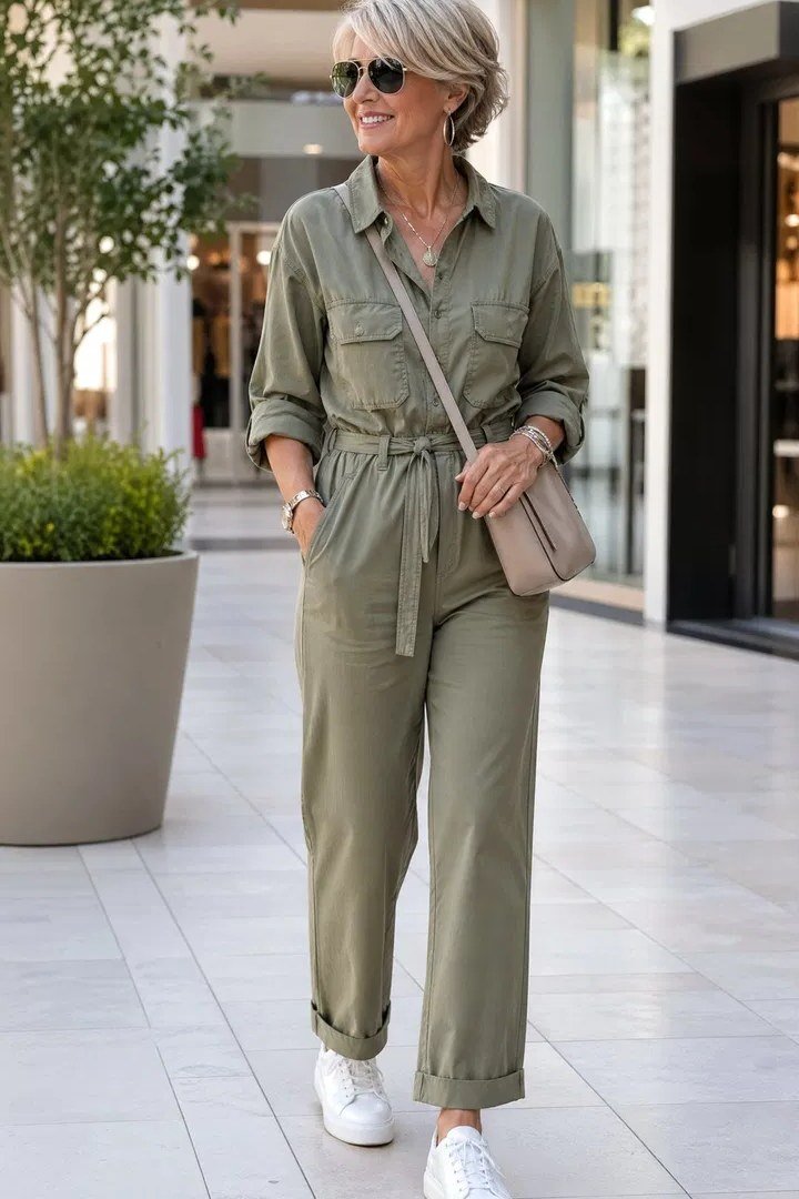 Woman over 50 wearing Olive jumpsuit with white sneakers in the city.