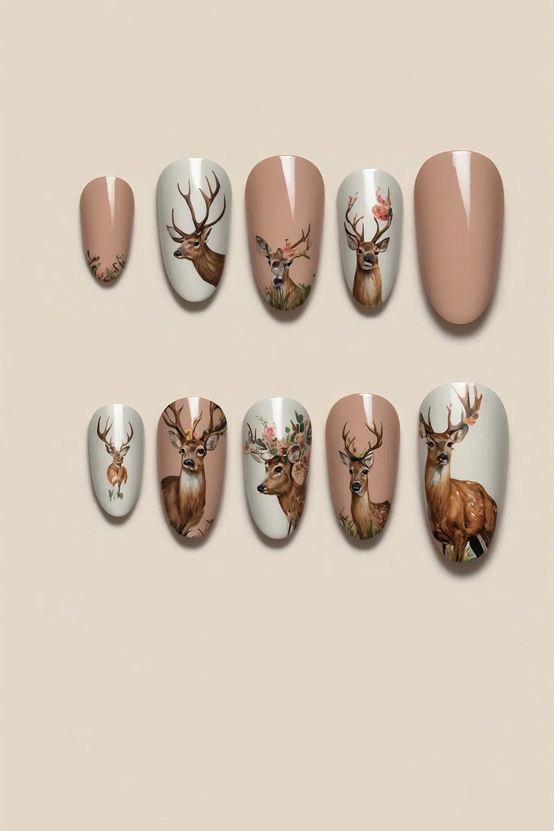 Nude and white press-on nail set with deer art